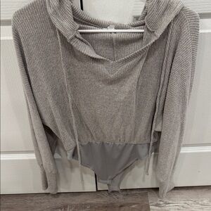 Fashion Nova Gray Ribbed Hooded Bodysuit